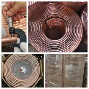 Collage of Nexnice ACR copper pancake coils showing quality inspection with a micrometer, bulk pancake coil stock, and professional export packaging in shrink-wrapped cartons.