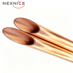 IGT (Inner Grooved Tube) copper pipe with diagonal bias-cut exposing internal micro-fin grooves for enhanced heat transfer and refrigerant turbulence optimization