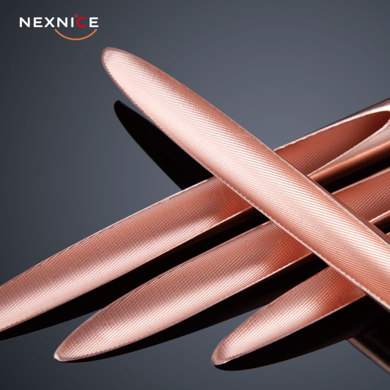 Macro close-up of IGT (Inner Grooved Tube) copper surface revealing micro-fin technology with precise helix angle geometry for nucleate boiling enhancement and improved refrigerant turbulence