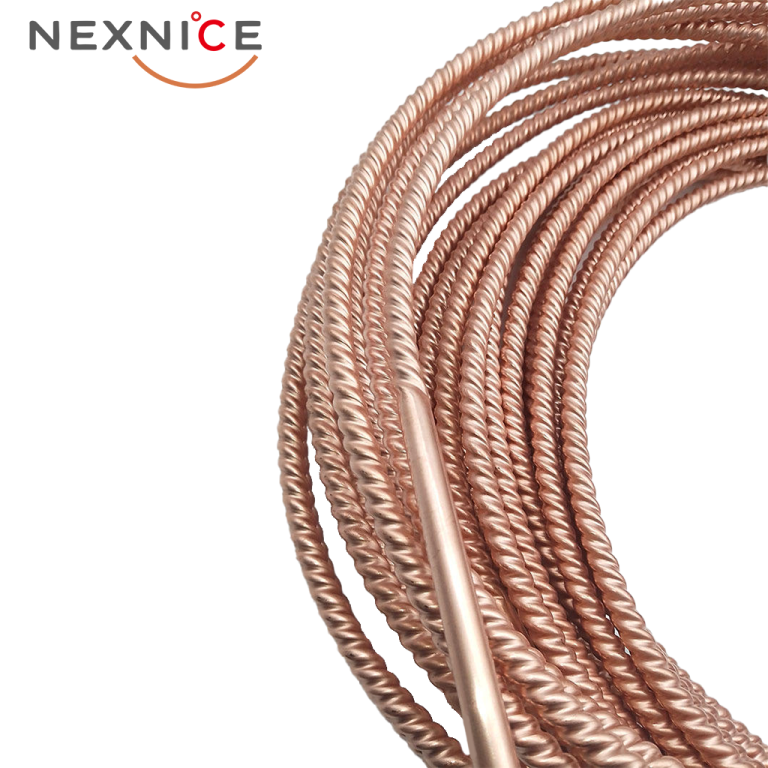 Large coil of Nexnice spiral corrugated copper tube supporting continuous lengths up to 50 meters.