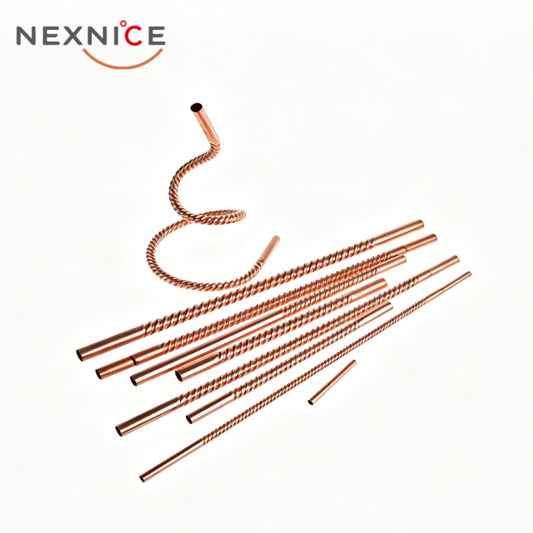 Flexible spiral corrugated copper pipe showing bending capability for HVAC and refrigeration units.