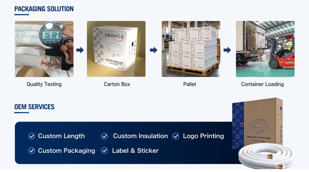 Nexnice OEM services: Custom length, insulation, logo printing, and specialized packaging solution for HVAC copper pipes and AC line sets.