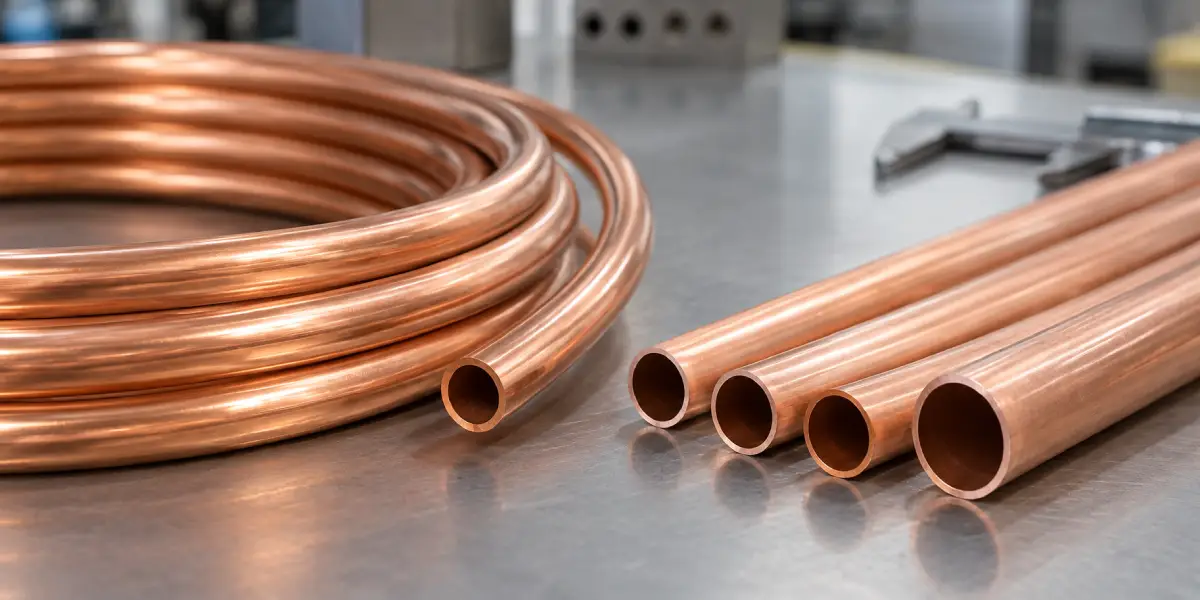 Close-up comparison of flexible soft copper tubing and rigid hard copper tubing on an inspection bench