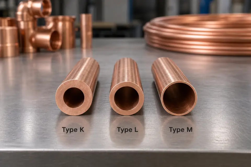 Comparison of Type K, Type L, and Type M copper tubing with the same outside diameter, showing progressively thinner walls and larger inside diameters from K to M.