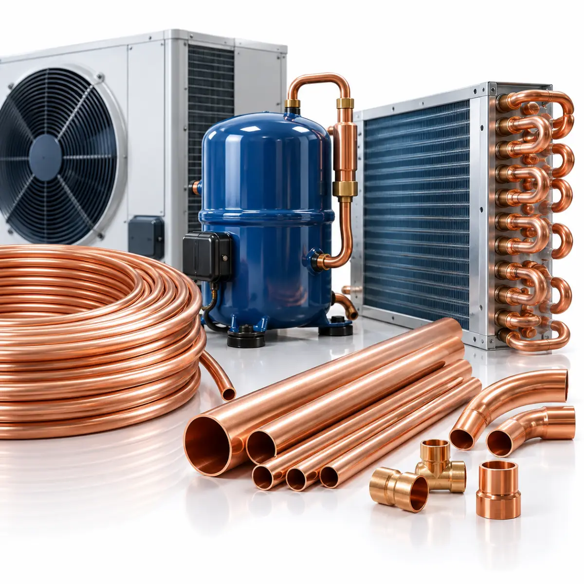 Copper tube coils, straight tubes and fittings displayed with an HVAC compressor and heat exchanger in a clean industrial setting, product guide cover image