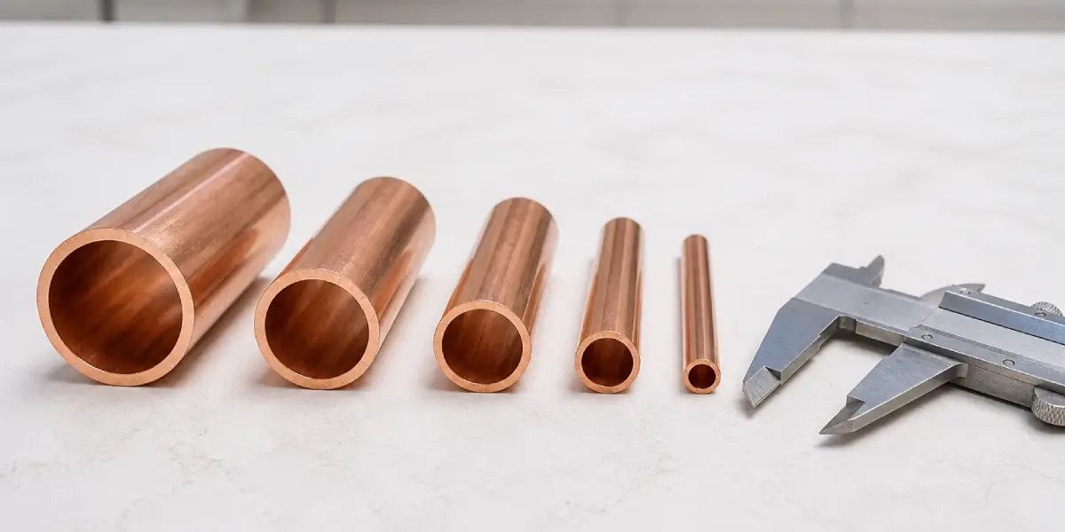 Copper tube samples with different outside diameters and visible wall sections beside a precision caliper on a clean white industrial inspection bench, realistic technical comparison photograph