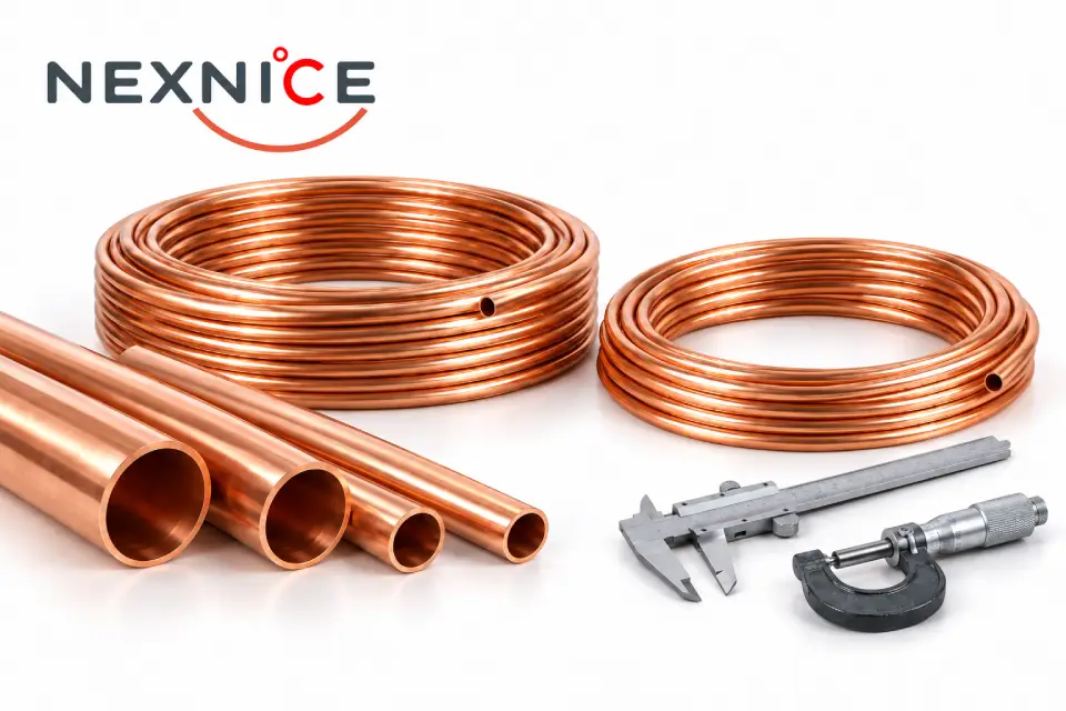 Copper tubes and measurement tools arranged on a clean white studio background