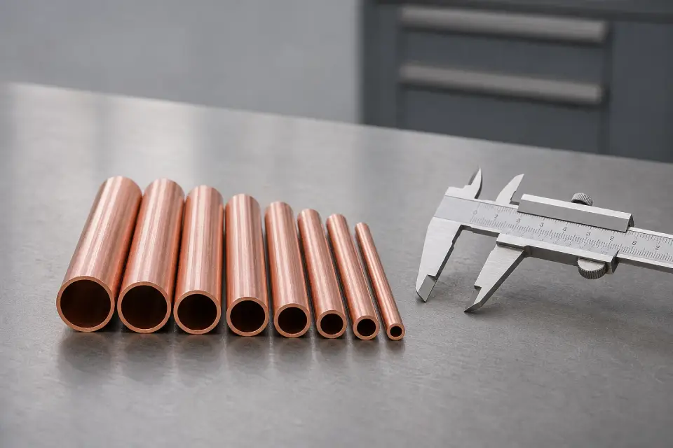 Copper tubes in graduated diameters beside a caliper on an inspection bench, industrial product photograph