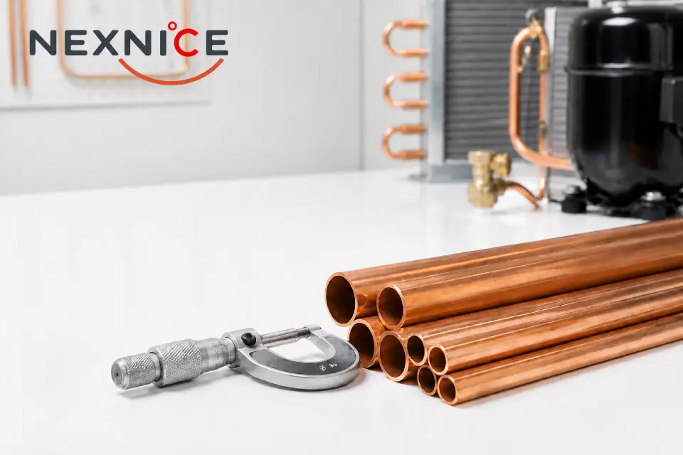 Copper tubing and HVAC components with visible tube ends and a precision measuring tool on a clean white industrial inspection bench, realistic B2B cover photograph.