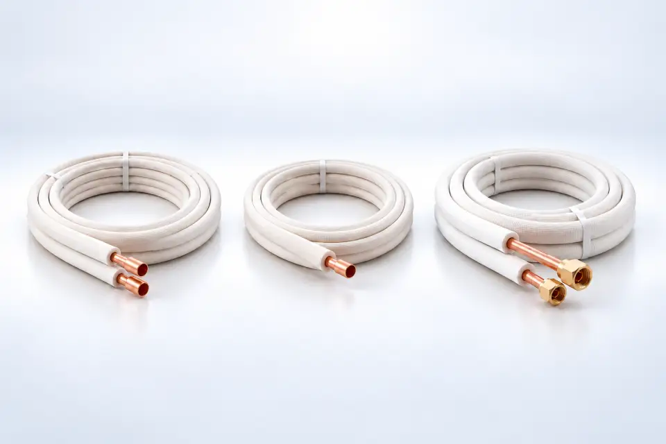 Insulated copper pair coil, single coil and line set with white insulation displayed on a clean studio background, HVAC product comparison image