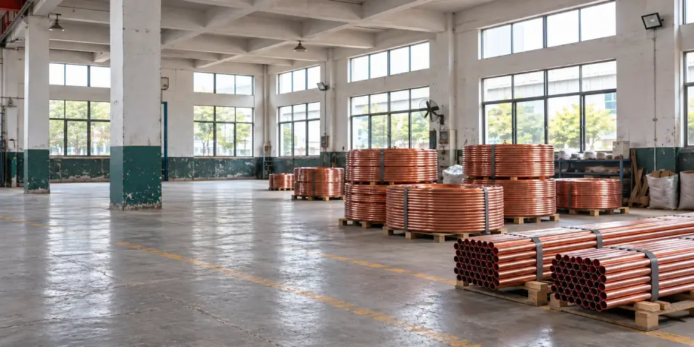 Seamless copper tubes in coils and straight bundles on a factory floor, B2B manufacturing photo