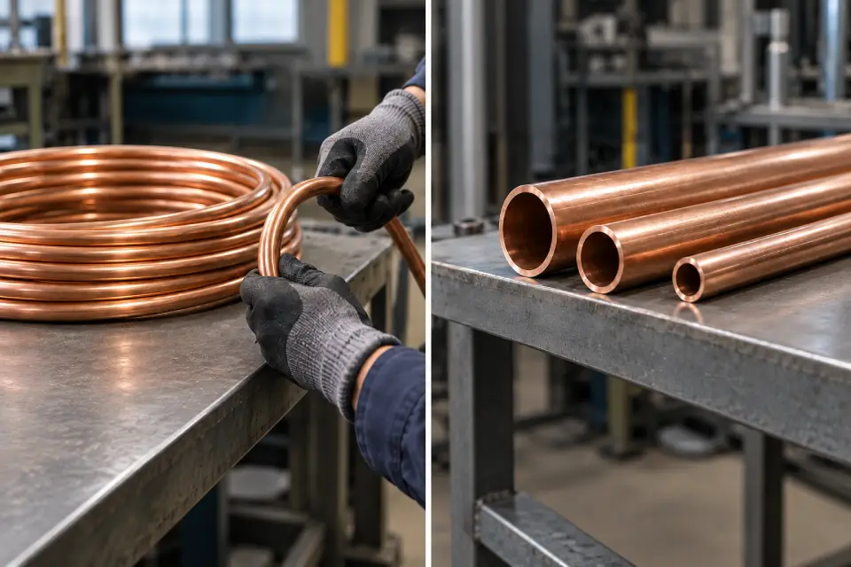 Soft copper tube vs hard copper tube comparison on an industrial workbench