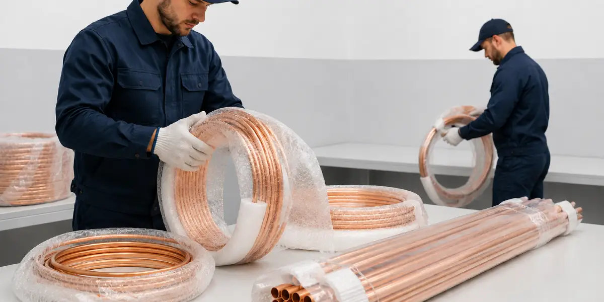 Workers inspecting protected copper tubing and copper coils with organized packaging in a clean white industrial inspection area, realistic HVAC material-handling photograph