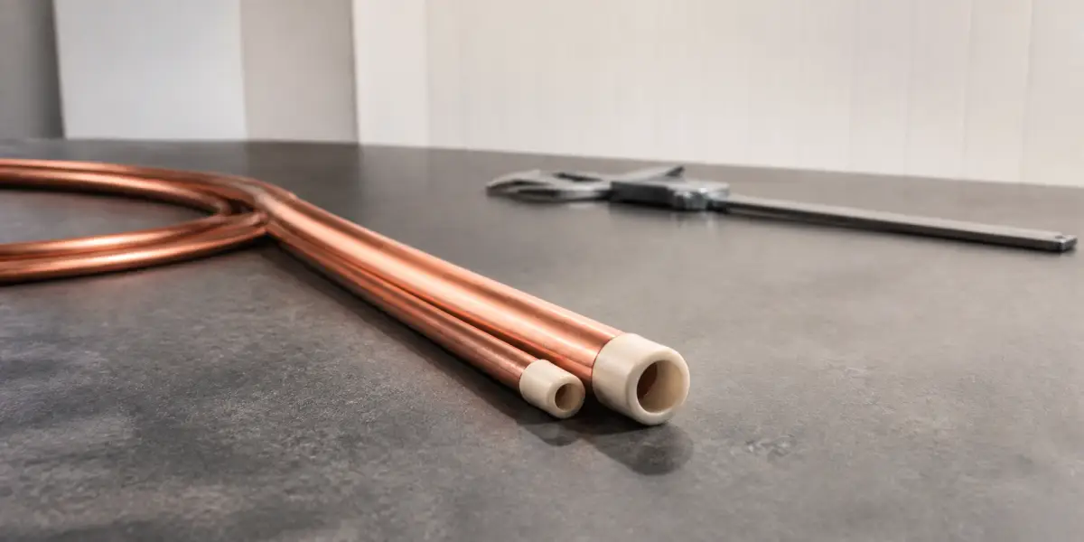 1_4-inch and 3_8-inch paired ACR copper tubes in an HVAC work area