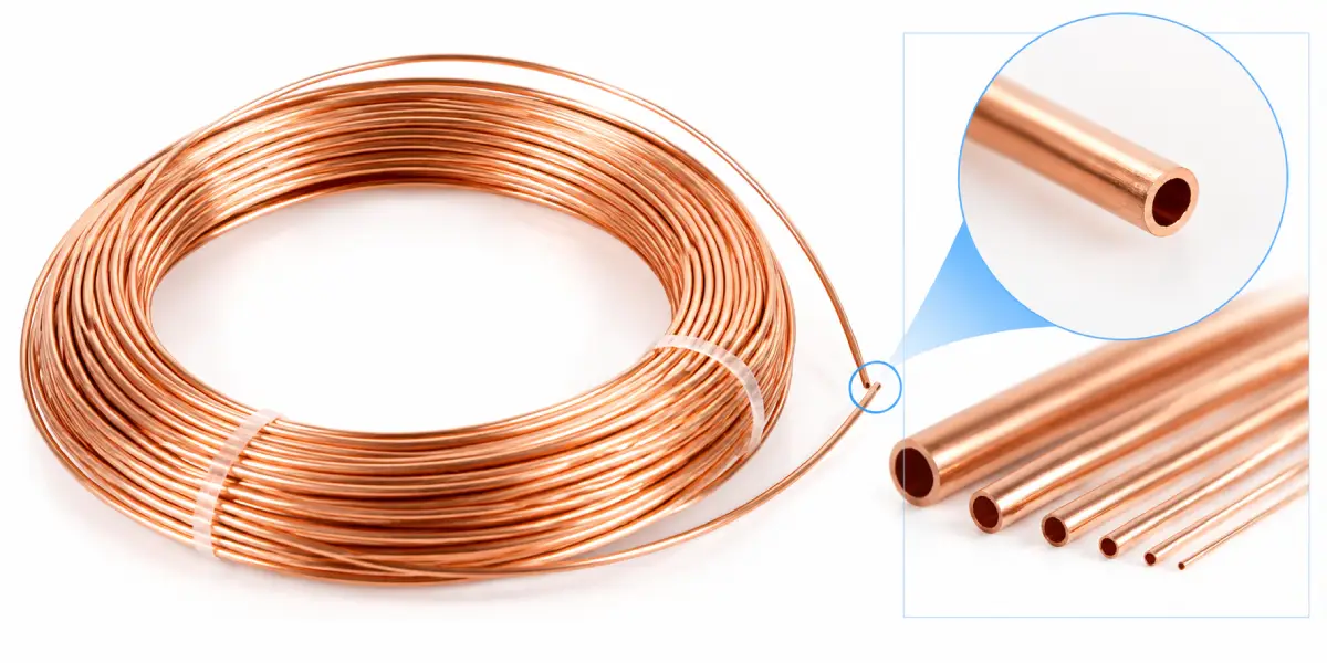 Copper capillary tubing coil and open tube ends shown in different diameters, highlighting cube geometry and size variation.