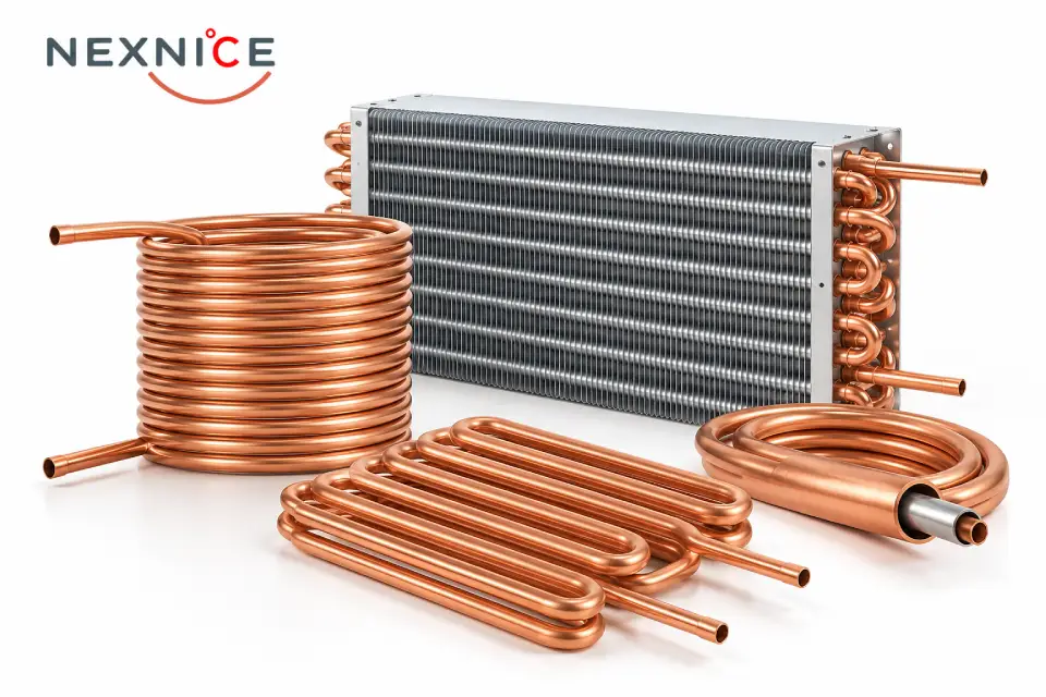Copper coil heat exchanger configurations including helical, serpentine, coaxial and finned tube arrangements.
