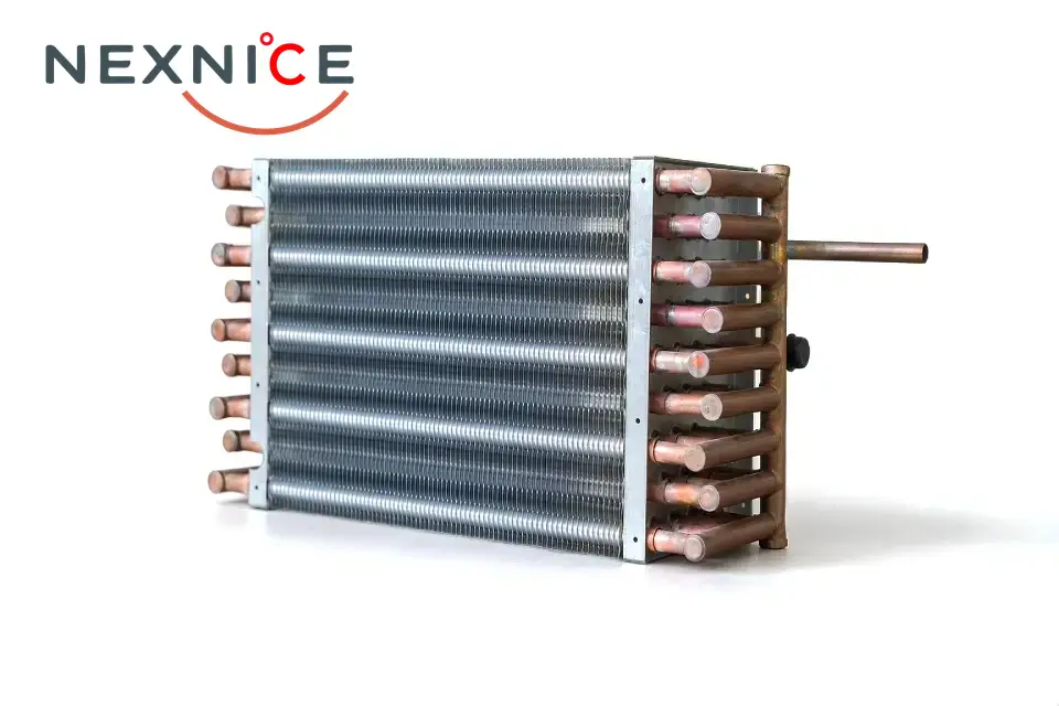 Copper tube heat exchanger coils and shell-and-tube components with inspection tools in an HVACR factory, realistic B2B cover photograph.