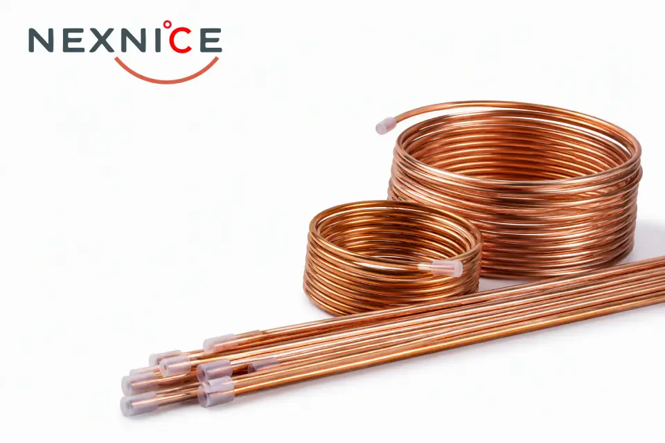 Fine copper capillary tubes with protected ends and compact coils on a clean white studio background, branded industrial product illustration.
