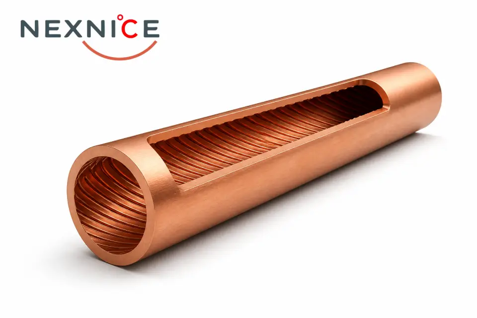 Inner-grooved copper tube with a longitudinal cutaway exposing internal ribs on a white background, 3D illustration.