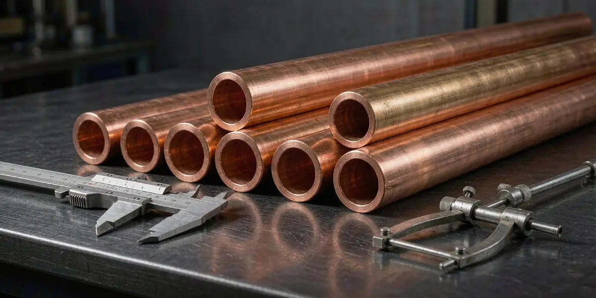Smooth and inner-grooved copper tubes with visible cross-sections beside precision gauges, industrial specification photograph.