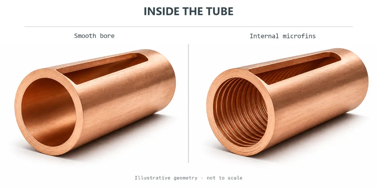 Smooth-bore and internally grooved copper tubes with exposed interiors in a side-by-side comparison, technical illustration.