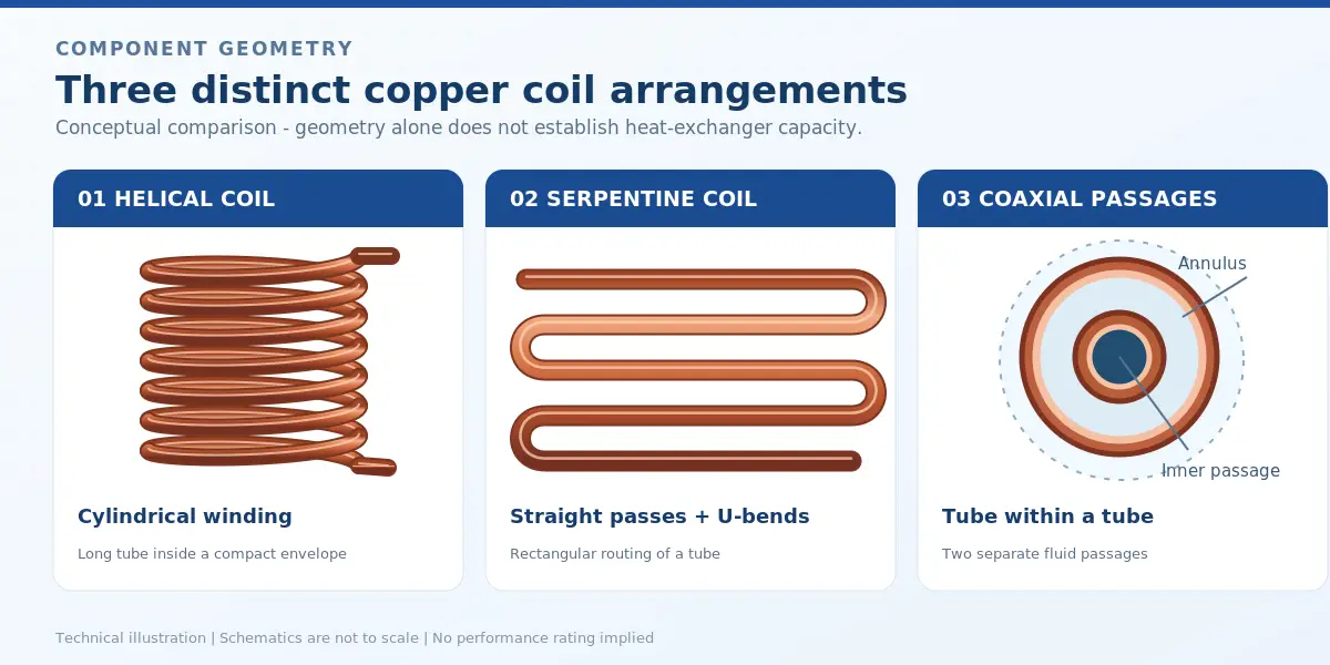 Technical diagram comparing helical and serpentine copper tube layouts with a coaxial tube cross-section.