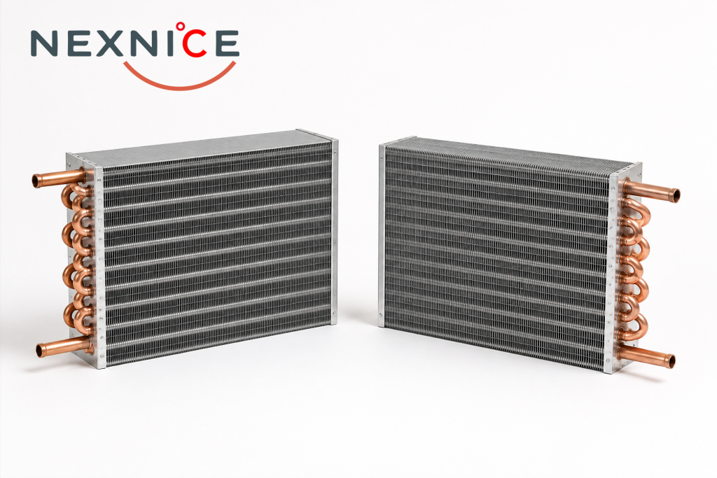 Two copper-tube heat exchanger coils with silver fins and return bends on a white studio surface, industrial illustration.